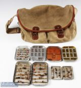 Brady Halesowen canvas and leather fishing tackle bag, fly tins and flies the bag with shoulder