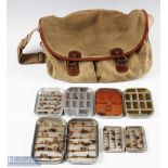 Brady Halesowen canvas and leather fishing tackle bag, fly tins and flies the bag with shoulder