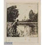 Norman Wilkinson facsimile signed Fishing Etching Print, "An Anxious Moment".