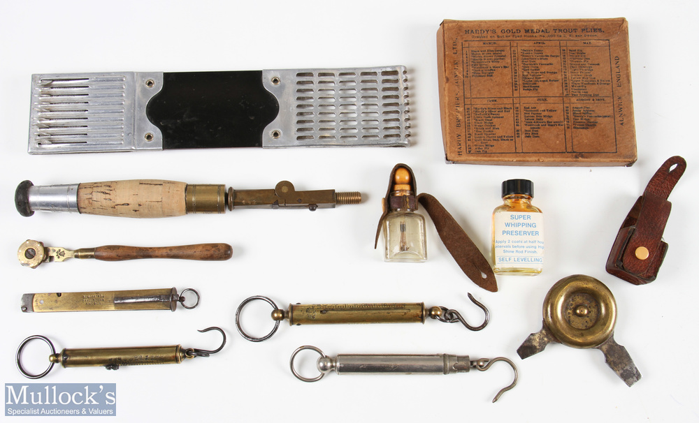 Interesting collection of Brass spring balance scales, oil bottles, fish hook holder, knife and