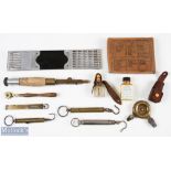 Interesting collection of Brass spring balance scales, oil bottles, fish hook holder, knife and
