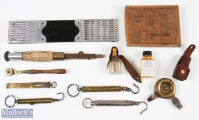 Interesting collection of Brass spring balance scales, oil bottles, fish hook holder, knife and