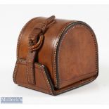 Farlows London 'D' block leather reel case 2 ½" x 1 ½" burgundy lining, all stitching, strap and