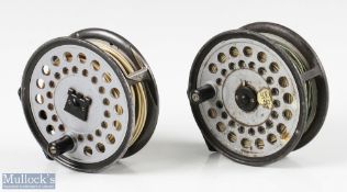 2x Hardy Bros Viscount 150 3 3/4" salmon fly reels both with smooth alloy feet, one appears with
