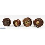4x Nottingham wood and brass star back reels to include the following sizes 4" (x2), 3 ½" and a 3"