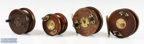 4x Nottingham wood and brass star back reels to include the following sizes 4" (x2), 3 ½" and a 3"