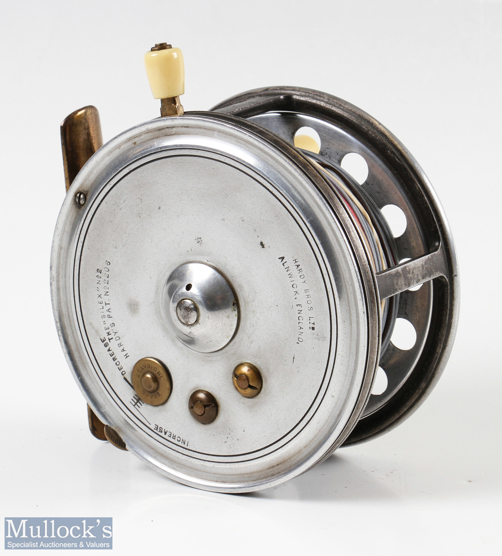 Hardy The Silex No 2 alloy casting reel 4 ¼" with twin ivorine handles, 3 screw latch smooth brass - Image 2 of 2