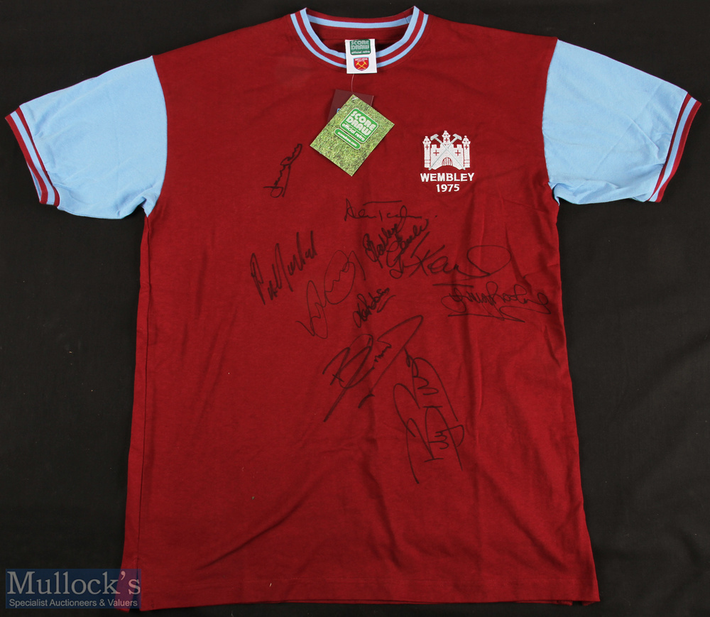Multi-Signed 1975 West Ham United retro replica Football Shirt with signatures in ink to front