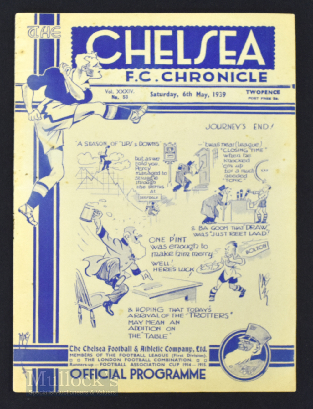 1938/39 Chelsea v Bolton Wanderers Div. 1 match programme 6 May 1939; the final official pre-war