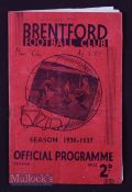 1936/37 Brentford v Manchester City (Champions) Div. 1, 3 April 1937 Creased, has wear.