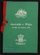 1958 Wales v Australia Rugby Dinner Menu: Green A4 card folded, with countries' badges to covers and