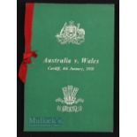 1958 Wales v Australia Rugby Dinner Menu: Green A4 card folded, with countries' badges to covers and