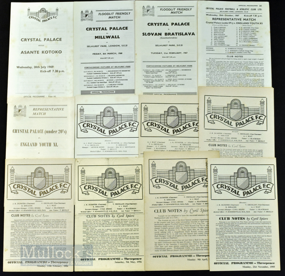 Selection of Crystal Palace home friendly match programmes 1955/56 West Ham Utd, Walthamstow Avenue,