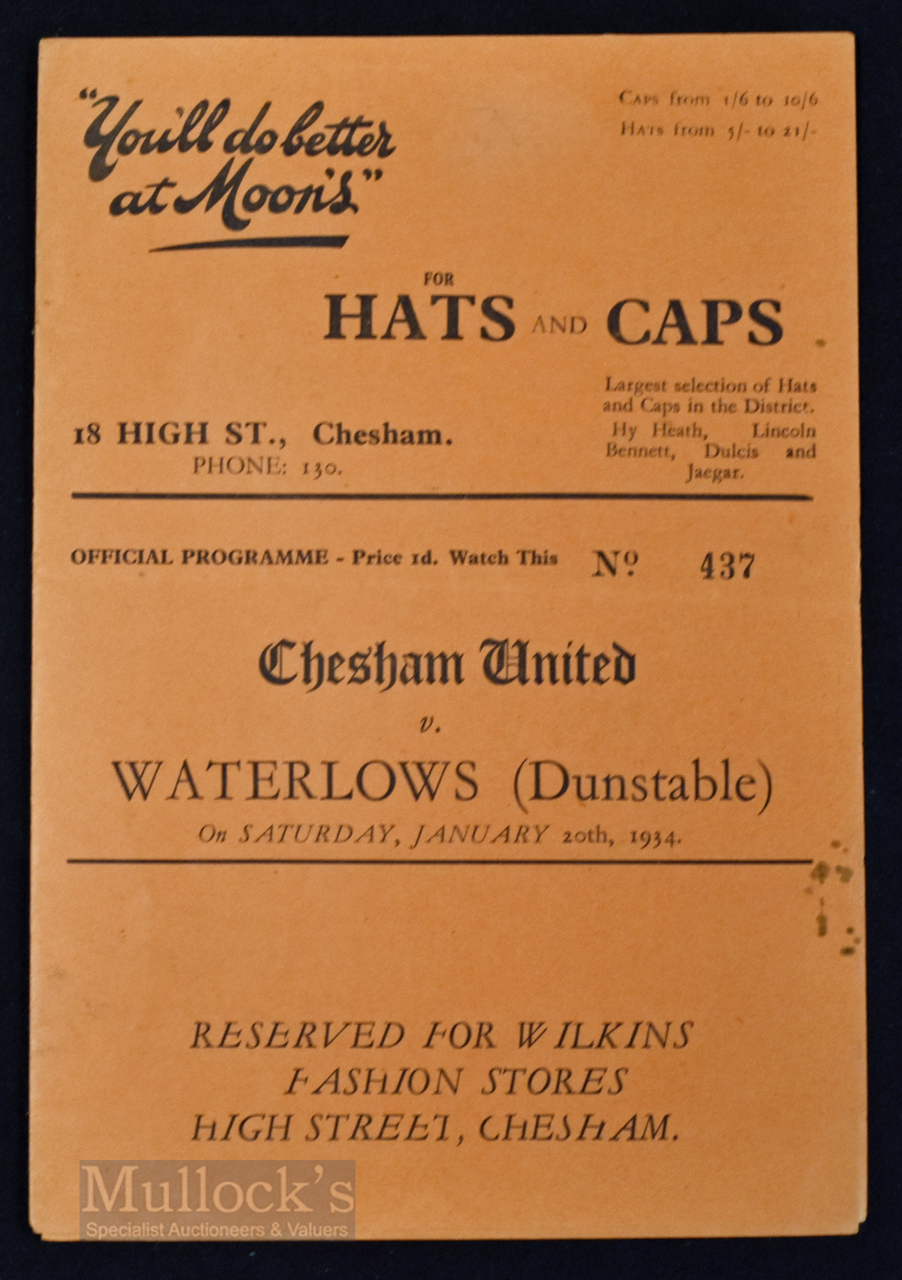 1933/34 Chesham Utd v Waterlows (Dunstable) gatefold match programme; fair/good condition