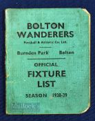 1938/39 Bolton Wanderers FC official Fixture List, small pocket sized edition listing 1st team,