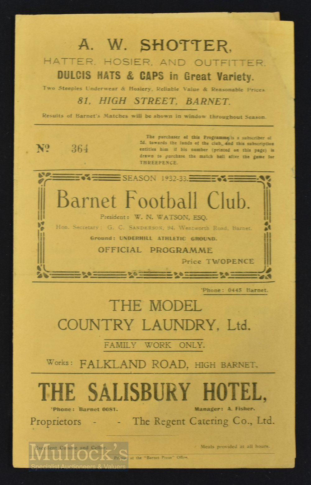 1932/33 Barnet v Hampstead programme 22 October 1932 at Underhill, has creases o/wise fair/good.