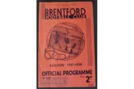 1937/38 Brentford v Fulham football programme 8 January FAC match. Name on cover, o/wise good.