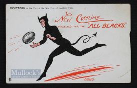 1905 All Blacks Devil Cartoon Rugby Postcard: Well-known and dramatic early card with 'new all black