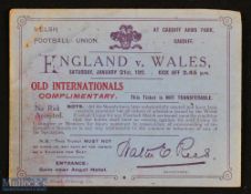 Rare Wales v England 1922 Old Internationals' Rugby Ticket: Light blue complimentary Cardiff