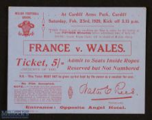 Rare Wales v France 1929 Rugby Ground Ticket: Lilac 5/- 'inside the ropes' ticket for this 8-3 Wales