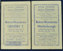 1945/46 Bolton Wanderers home match programmes v Middlesbrough (8 December 1945), v Grimsby Town (