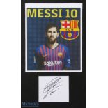 Lionel Messi Signed Barcelona colour print displayed with signature cutting below a colour print