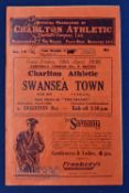 1929/30 Charlton Athletic v Swansea Town Football Programme date 18th, April missing staples, slight