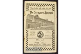 1933/34 Fulham v Port Vale match programme Div 2, 26 August. Heavy rust to staple, age wear, fair