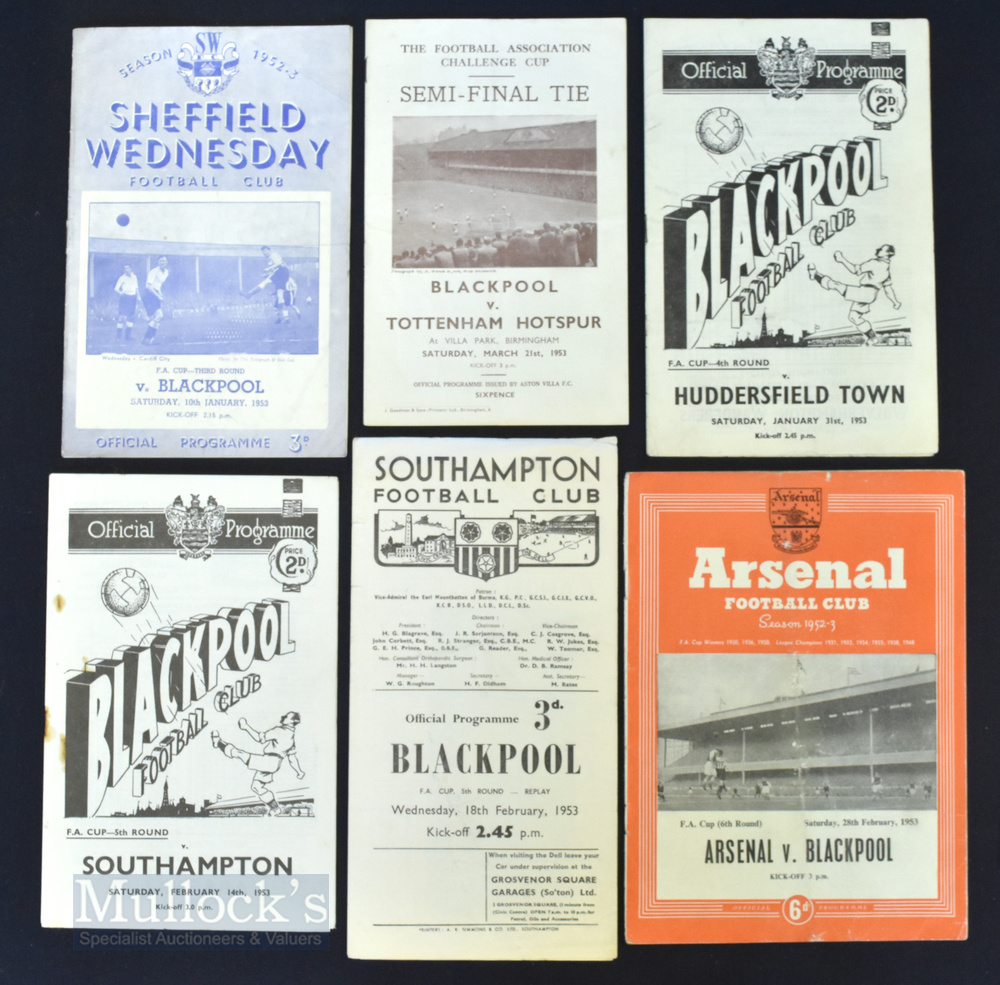 1953 Blackpool route to the Wembley FA Cup Final football programmes including Sheffield