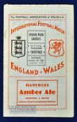 1938/39 Wales v England International Football Programme date 22 Oct at Ninian Park no staples,