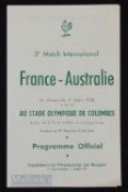 1958 France v Australia Rugby programme: The Wallabies closed their tour with this clash at