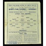 War league cup (south) 1944/45 Queens Park Rangers v Aldershot single sheet match programme, fair