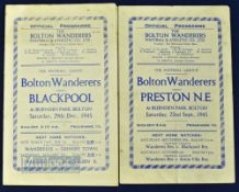 1945/46 Bolton Wanderers home match programmes v Blackpool 29 December 1945, v Preston NE 22