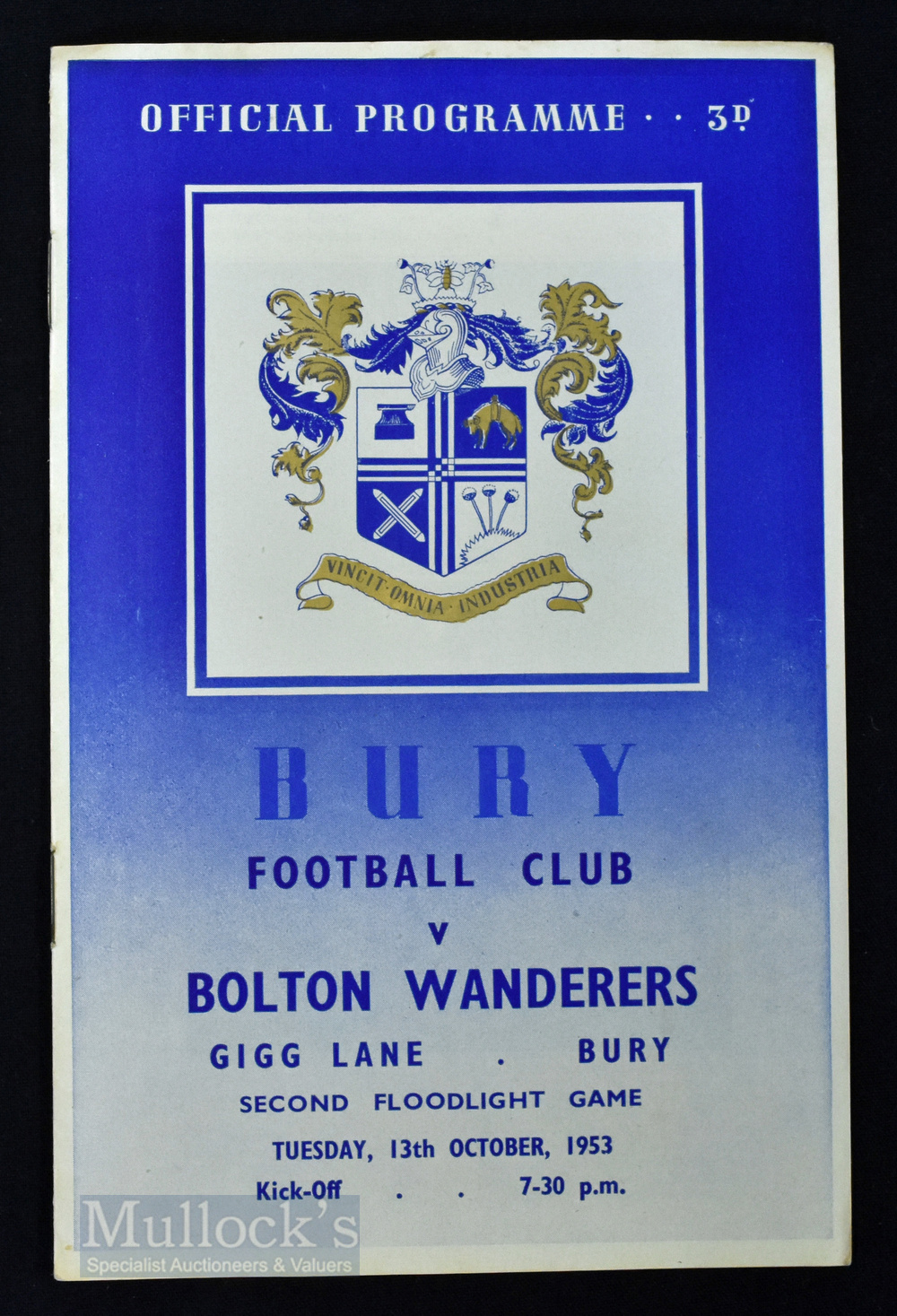 1953/54 Bury v Bolton Wanderers floodlit friendly match programme 13 October 1953 (second floodlit