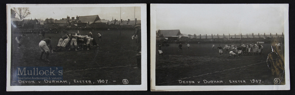 1907 Rugby Action Postcards, Devon v Durham (2): Pair of unused picture postcards from the 1907