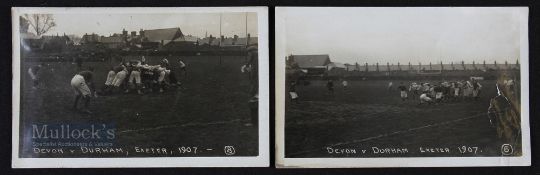 1907 Rugby Action Postcards, Devon v Durham (2): Pair of unused picture postcards from the 1907