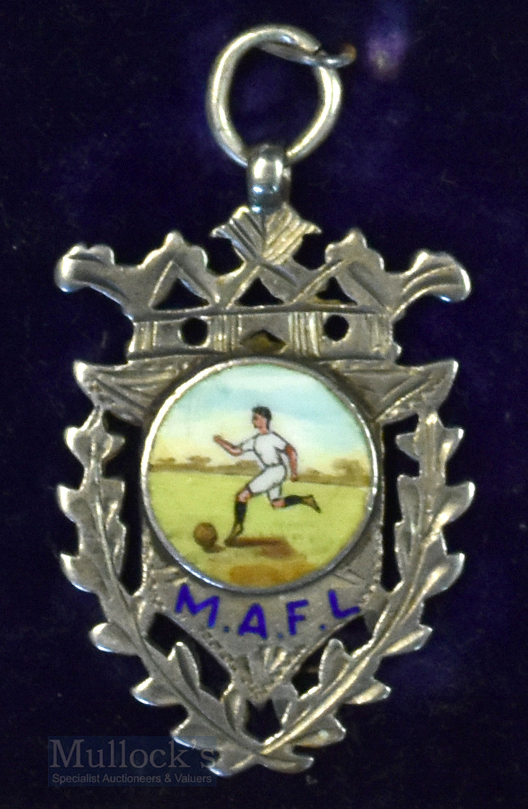 Football medal: 1908 Silver/enamel Manchester Amateur football league award, to the obverse the