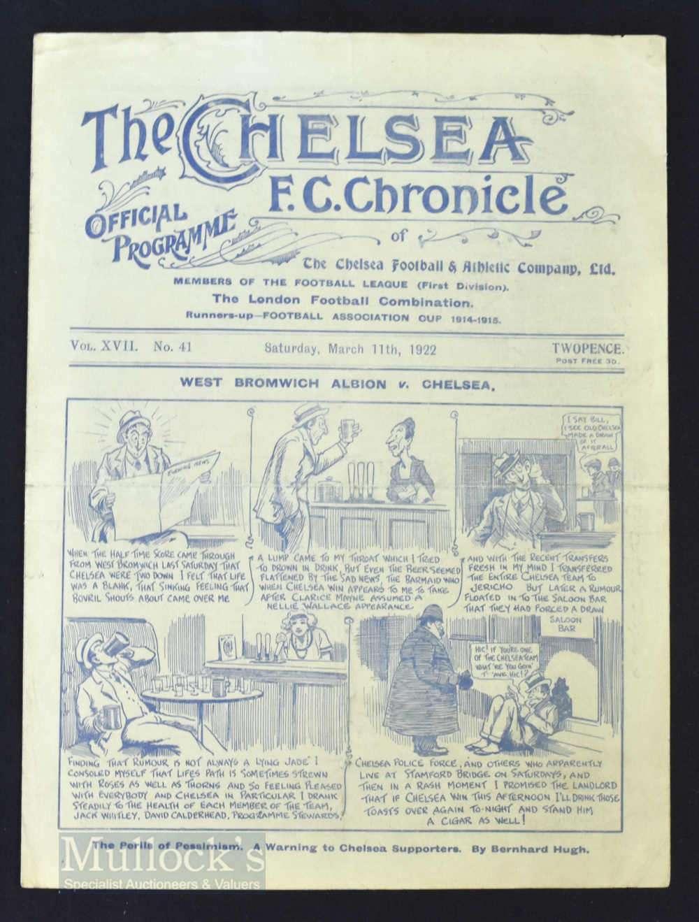 1921/22 Chelsea v West Bromwich Albion Div. 1 match programme 11 March 1922; 4 pager, pencil team