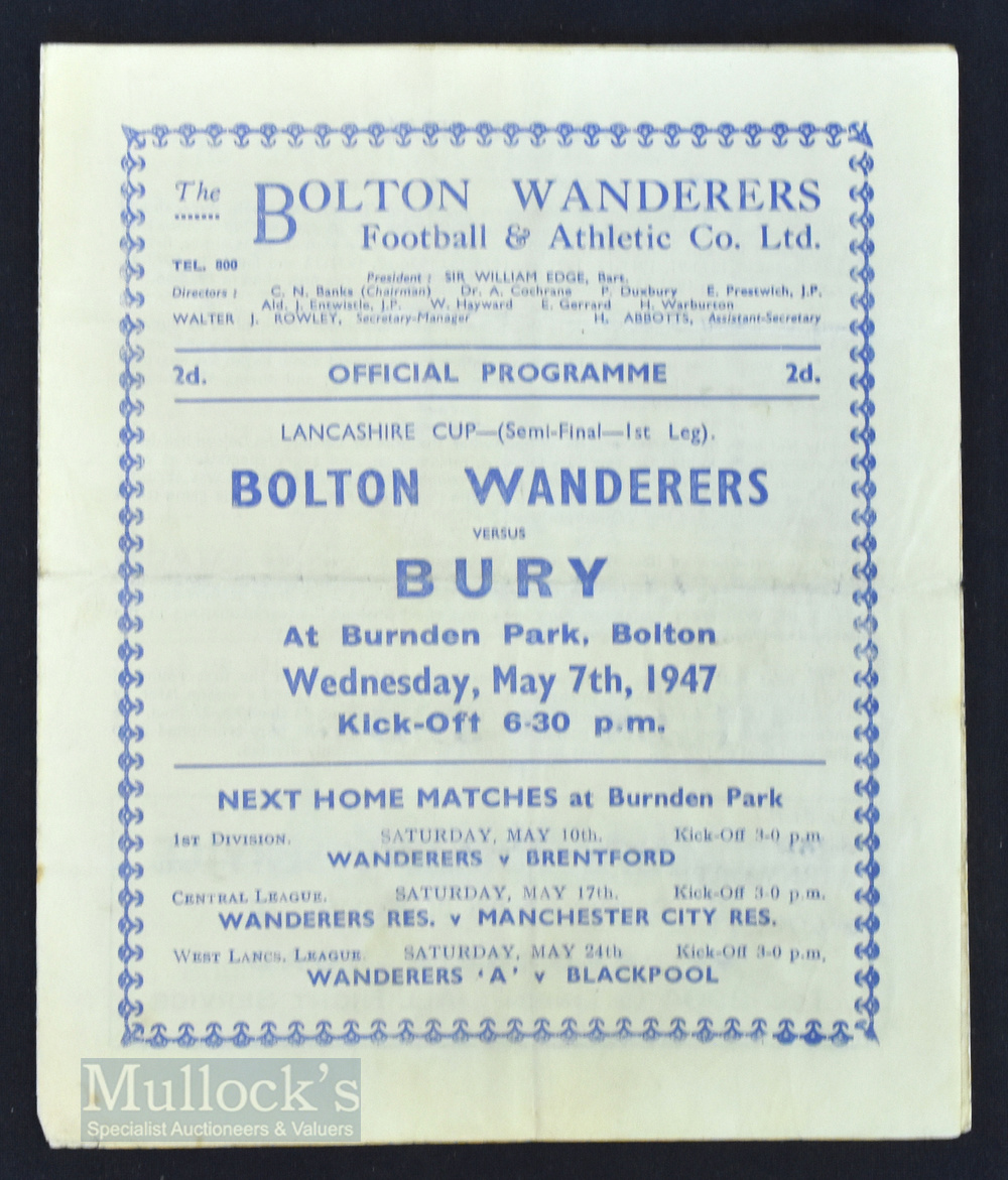 1946/47 Lancashire Cup semi-final match programme Bolton Wanderers v Bury 7 May 1947, fair