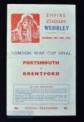 1941/42 London War Cup final Portsmouth v Brentford match programme 30 May 1942 at Wembley, 4 pages;