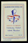 1951 Festival of Britain match programme Colchester Utd v EDO Haarlem 12 May 1951, 4 pager, good