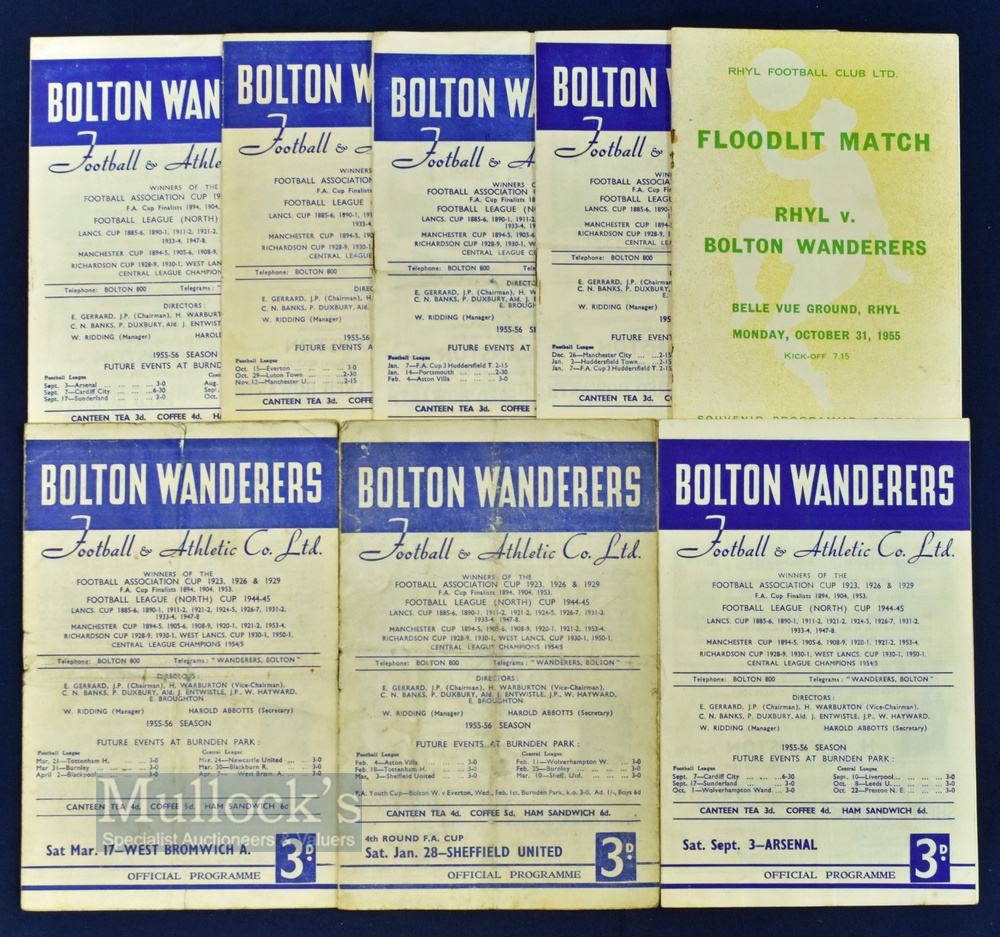 1955/56 Bolton Wanderers match programmes homes Chelsea, Arsenal, Sheffield Utd (FAC), WBA, Charlton