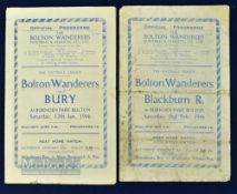 1945/46 Bolton Wanderers home match programmes v Blackburn Rovers 2 February 1946 v Bury 12