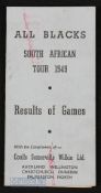 Scarce 1949 All Blacks to S Africa Rugby Fixtures/Results Booklet: Small stiff card 4pp, NZ
