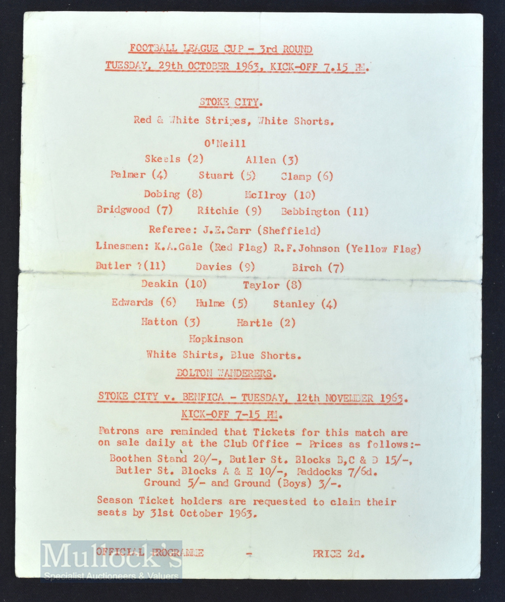 Scarce 1963/64 Stoke City v Bolton Wanderers Football League Cup 3rd round single card programme