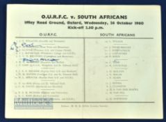 1960 Oxford University v South Africa Rugby Programme: The usual Iffley Road single white card issue
