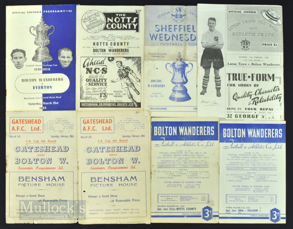 1953 Bolton Wanderers route to the Wembley FA Cup final football programmes including Fulham (home