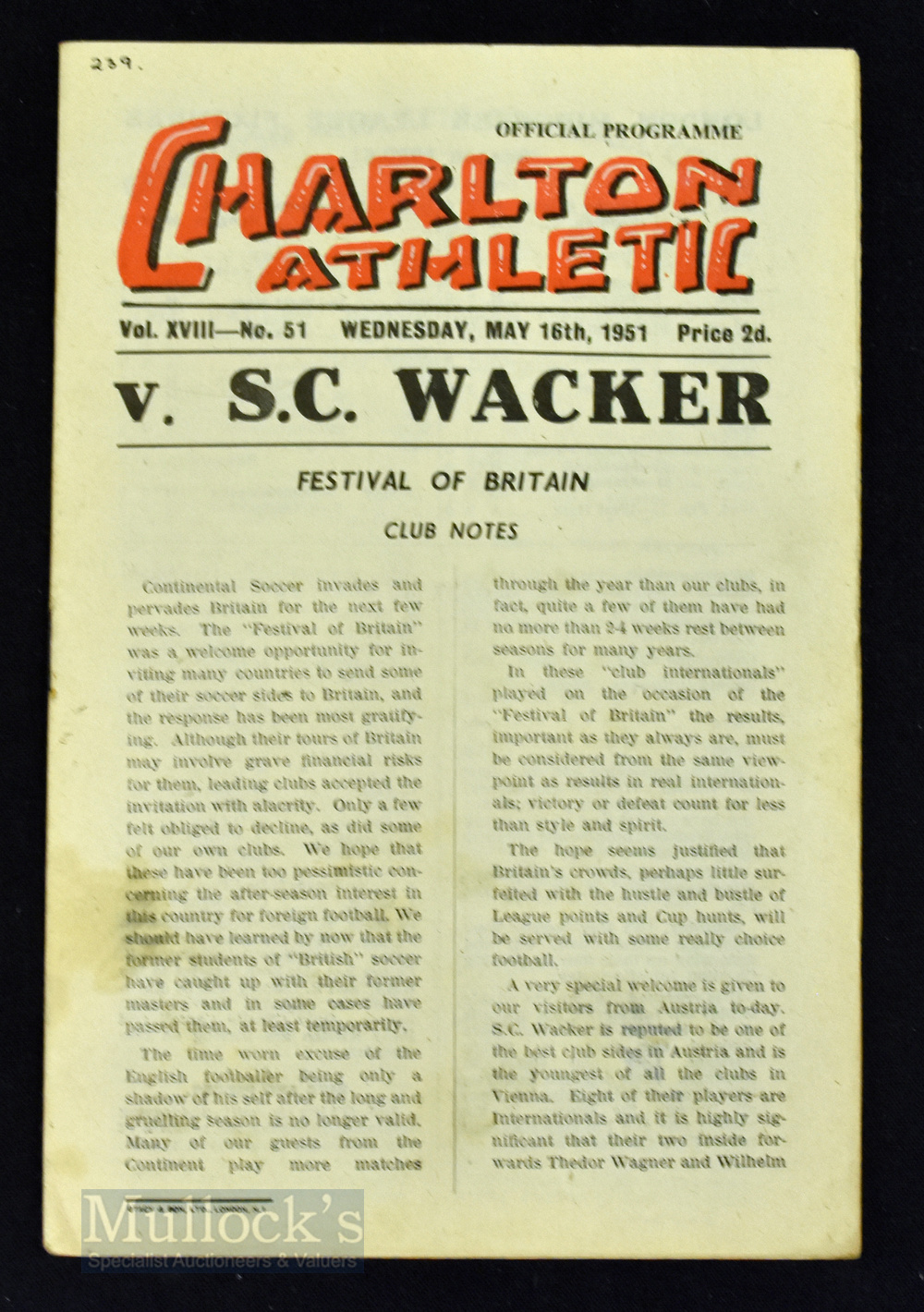 1951 Festival of Britain match programme Charlton Athletic v SC Wacker 16 May 1951; fair condition.