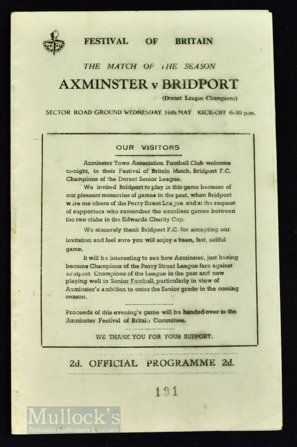 1951 Festival of Britain match programme Axminster v Bridport (Dorset League Champions) 16 May 1951,