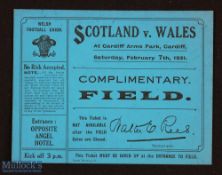 Rare Wales v Scotland 1931 Rugby Field Ticket: A 13-8 win for the Welsh at Cardiff, lovely blue card
